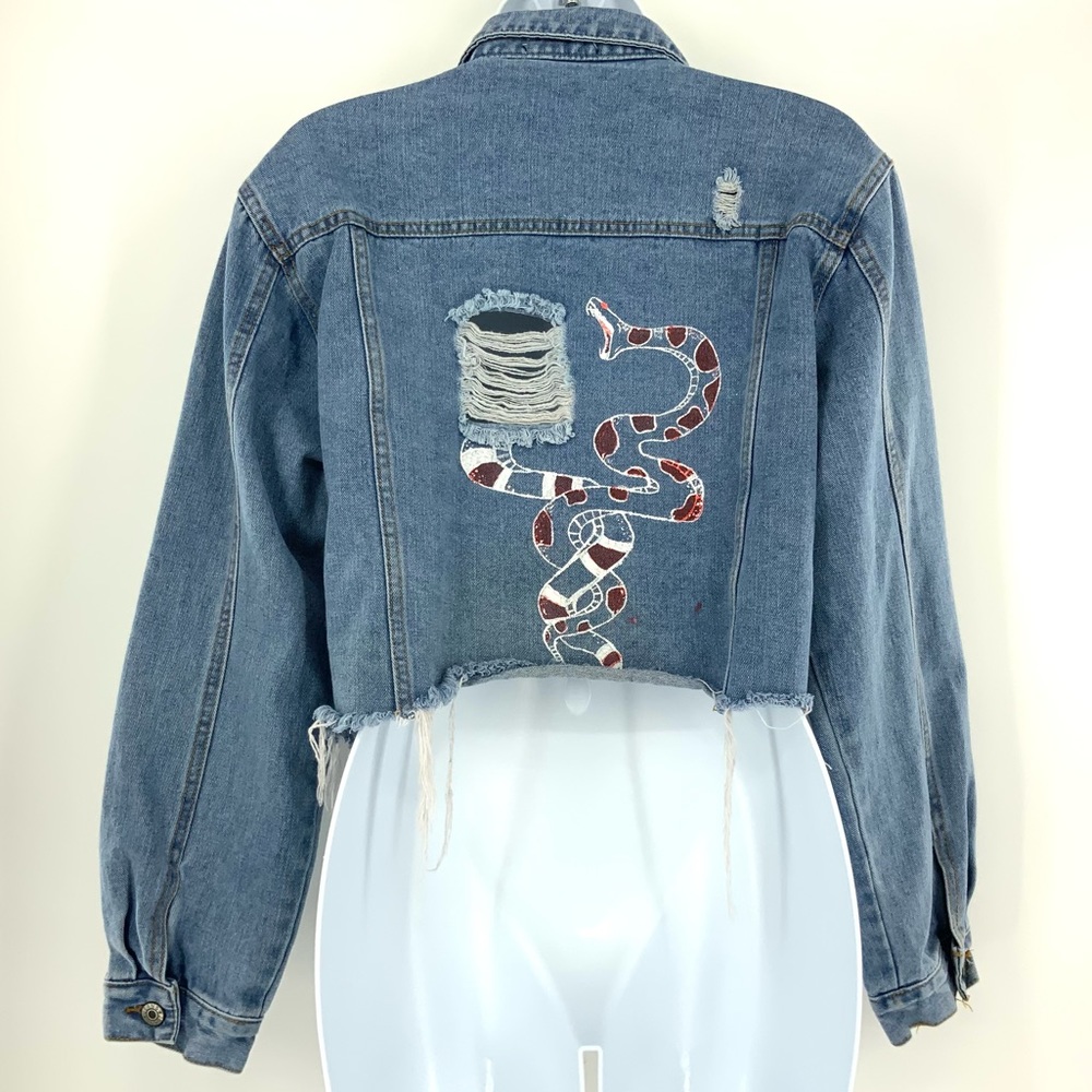 Hand Painted Upcycled Distressed Crop Trucker Jean Jacket